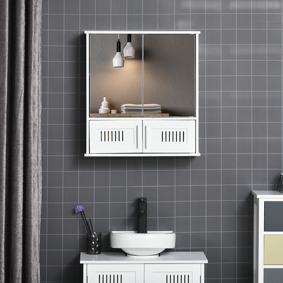 image 1 of kleankin Bathroom Mirror Cabinet, Wall Mounted Storage Cupboard with Double Doors and Adjustable Shelf, Bathroom Organizer, White