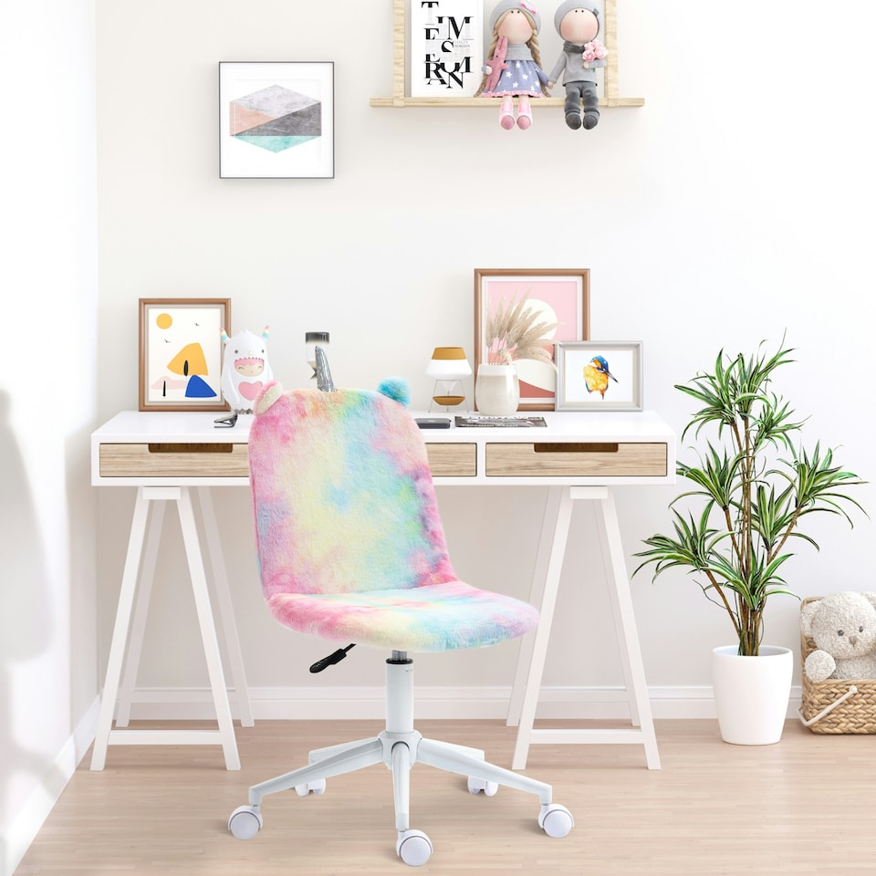 image 1 of Vinsetto Fluffy Unicorn Office Chair w/ Swivel Wheel, Cute Desk Chair, Rainbow