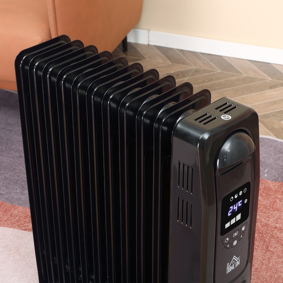 image 1 of HOMCOM 2000W Digital Oil Filled Radiator, 9 Fin, Portable Electric Heater with LED Display, 24-Hour Timer, 3 Heat Settings, Safety Cut-Off and Remote Control, Black