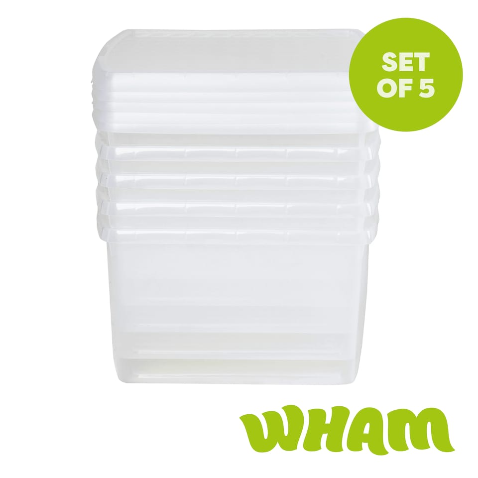 image 1 of Wham Clip 5x 25.5L Square Plastic Storage Boxes with Clip Lock Lids. Ideal for Home, Office, Toys & More - Clear/Clear | Clear | 5