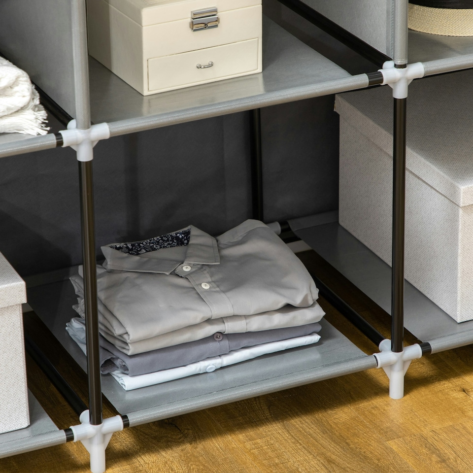 image 1 of HOMCOM Fabric Portable Wardrobe with 8 Shelves 2 Hanging Rails, Grey 