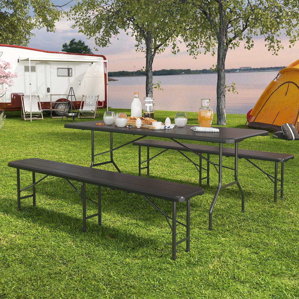 image 1 of 6ft Folding Table heavy duty Outdoor and Indoor use Garden Camping Event Table Dark Wood | Brown | Wood Effect