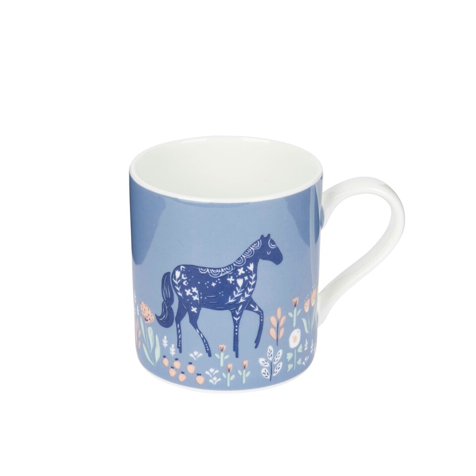 image 1 of KitchenCraft Fine Bone China Woodcut Horse 250ml Can Mug | Blue