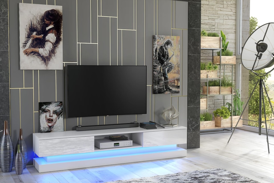 image 1 of TV Unit TV Stand Media Cabinet Sideboard Grey High Gloss Doors LED 180cm