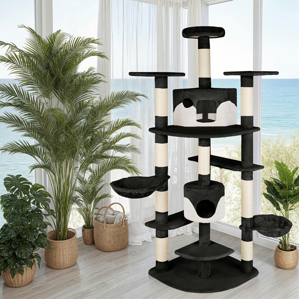 image 1 of Cat Tree Fippi - 201 cm tall, sisal cat scratching post, toy & anti-tip bracket - Black/White