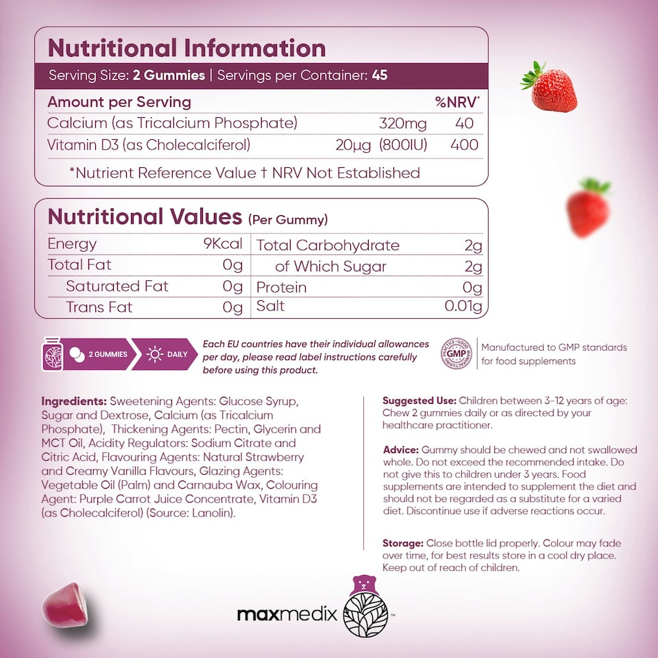 image 1 of Calcium & Vitamin D3 Gummies for Kids (3-12 Yrs) – 90 Strawberry Vanilla, Gluten-Free, Non-GMO