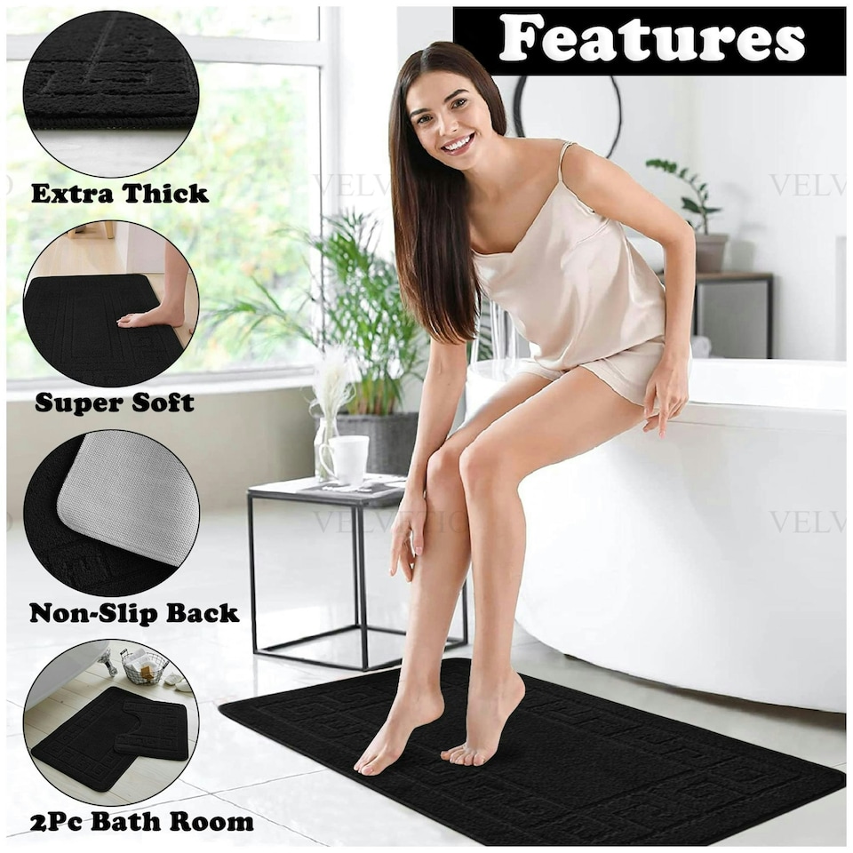 image 1 of VELVETIO Greek Bath Mat & Pedestal Mat Water Absorbent Non Slip Toilet Rugs Black