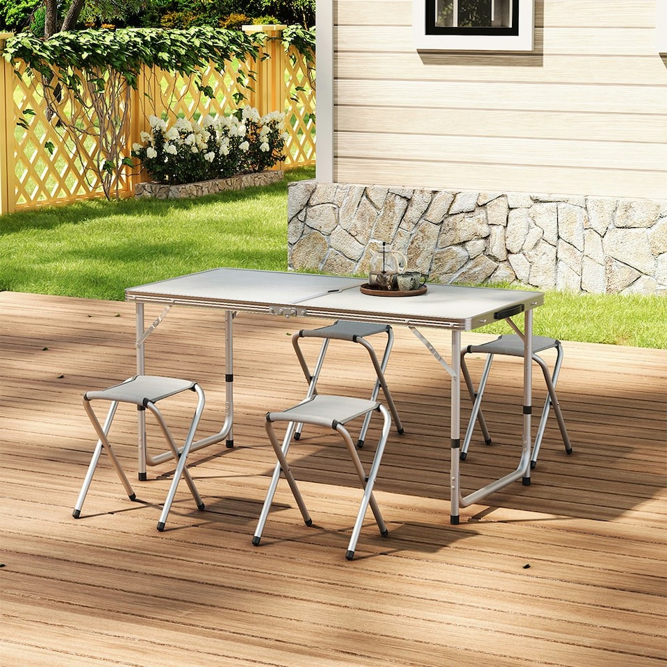 image 1 of Living and Home Folding Picnic Table Set with 4 Stools - White White