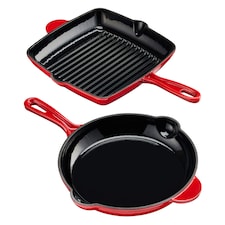 Cooks Professional 2 Piece Cast Iron Frying Pan & Skillet Set with Enamel Interior - Oven Safe & All Hob Compatible | Red | Red