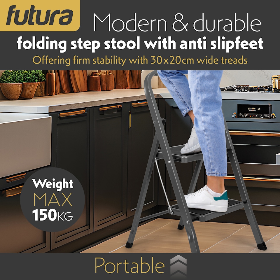 image 1 of Futura 2 Step Ladder Grey, Heavy-Duty Steel Folding Home DIY Step Stool with Wide Non-Slip Steps & Anti Slip Feet 150kg Capacity