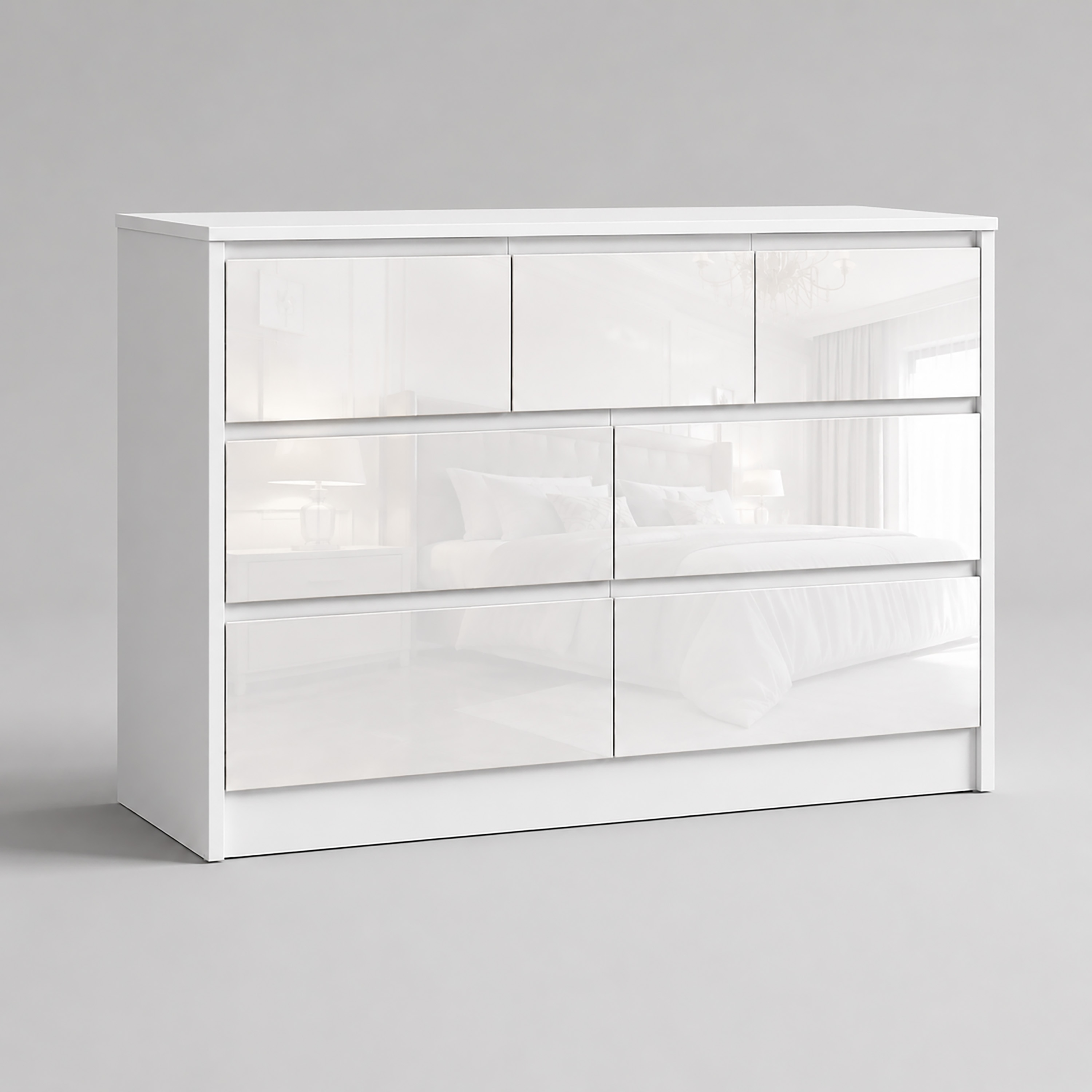 LUXURY White High Gloss Chest of Drawers, 7 Drawer Handleless Cabinet