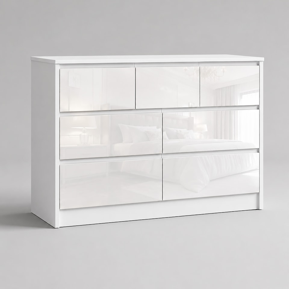 image 1 of LUXURY White High Gloss Chest of Drawers, 7 Drawer Handleless Cabinet