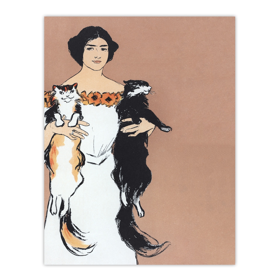 image 1 of Woman Holding Two Cats Drawing Vintage Wall Art Print Penfield 24x32"