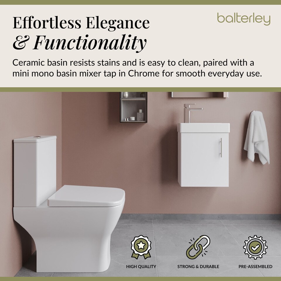 image 1 of Balterley Saint Cloakroom Set - Wall Hung Vanity Basin Unit, Toilet Pan, Cistern, Seat & Mini Basin Tap - Balterley | Green | Gloss White | 438.0000 x 400.0000 x 222.0000mm