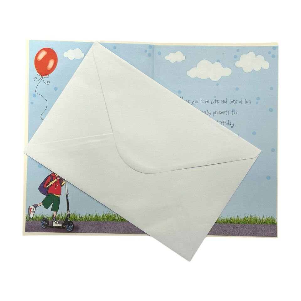 image 1 of Age 06 Boy Riding A Scooter Juvenile Birthday Card With Badge