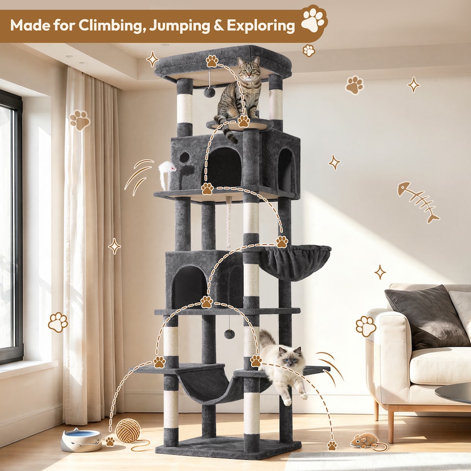 image 1 of Yaheetech 210cm Multi-Level Cat Tree with Large Top Perch, 2 Cat Condos, Hammock & Basket, Sisal Scratching Posts, Heavy Duty Cat Tower for Indoor Cats, Dark Grey