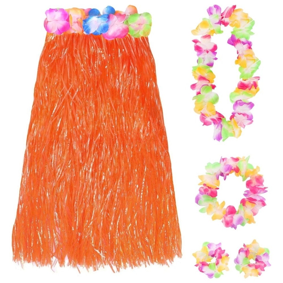 image 1 of Pack of 3 80cm Hawaiian Long Orange Hula Skirt & Lei Orange | One Size