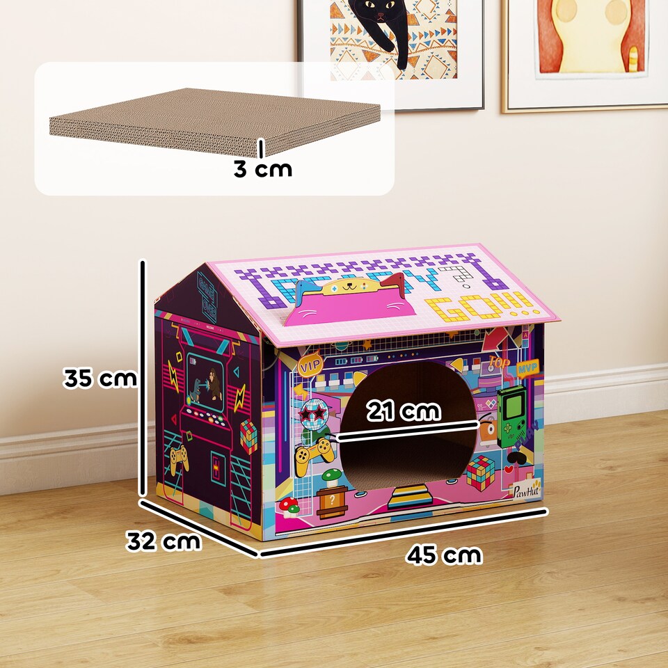 image 1 of PawHut Cardboard Cat House with Scratching Board & Catnip, 2 in 1 Cat Scratcher Gaming Style for Indoor Kittens, 45 x 32 x 35 cm, Pink