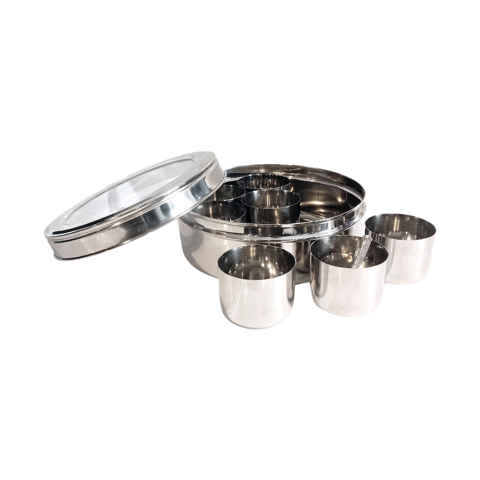 image 1 of Buckingham Stainless Steel Massala Dabba set , 7 cups + 1 Spoon , 20.5 cm with Acrylic / SS Lid | Silver
