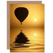 Hot Air Balloon Silhouette Tranquil Sea Sunset Art Card