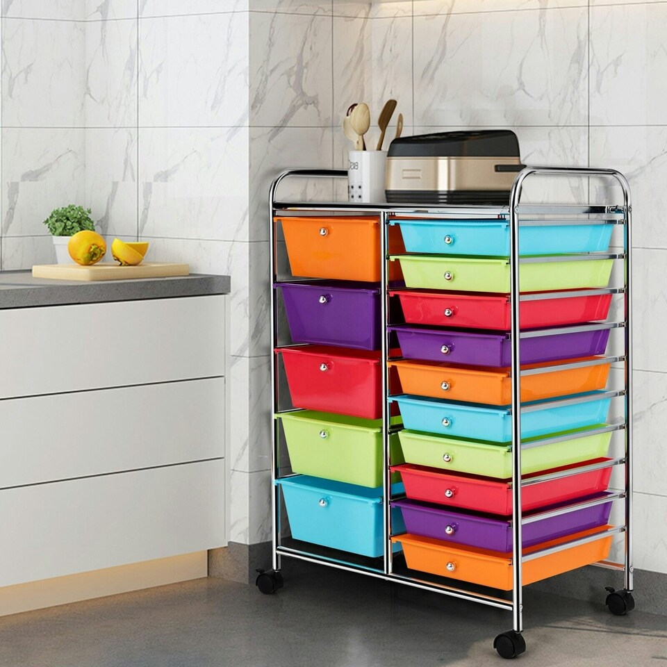 image 1 of COSTWAY 15 Drawers Storage Trolley Rolling Utility Cart Multi-color