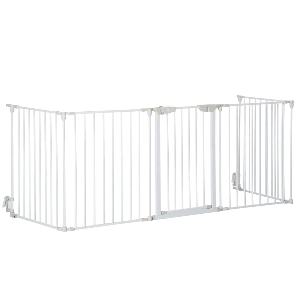 image 1 of PawHut Pet Safety Gate 5 Panels Playpen Metal Fence w/ Walk Through Door - White