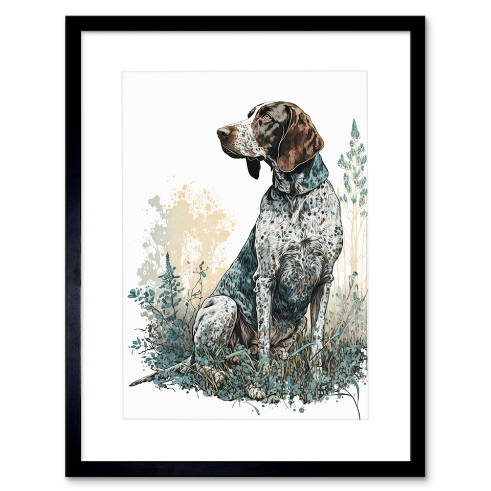 image 1 of German Pointer Dog Sitting Field Modern Detailed 9x7" Black Framed Wall Art Print