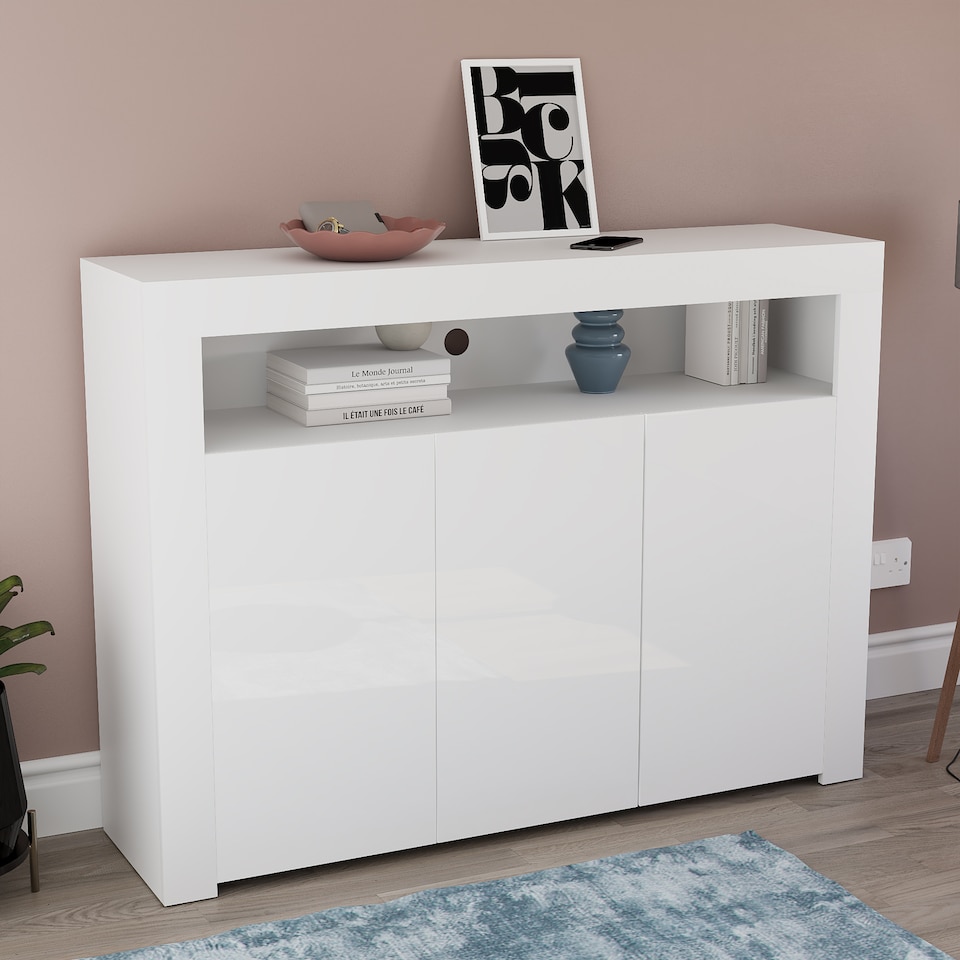 image 1 of Vida Designs Nova 3 Door LED Sideboard Buffet Cabinet Storage, White | White | 1