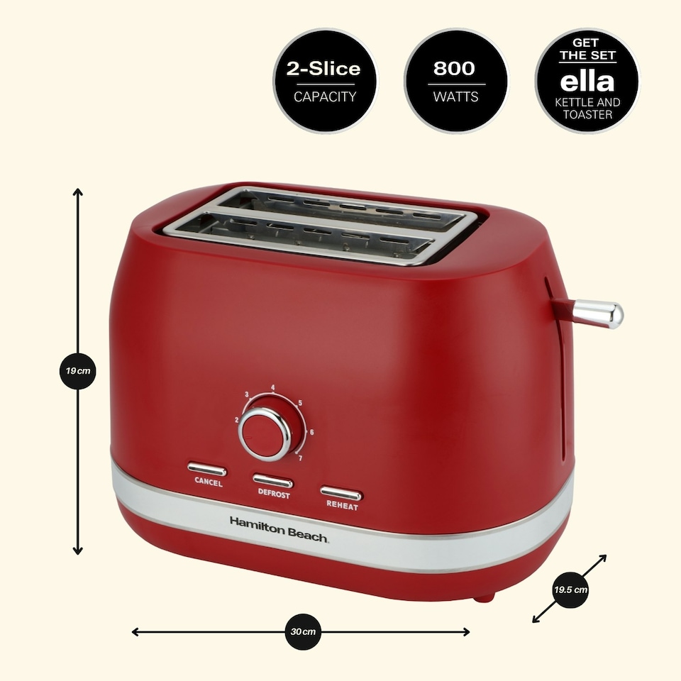 image 1 of Hamilton Beach Kettle, Toaster & Microwave Set, Ella, 1.7L Electric Kettle, Wide Slot Toaster 2 Slice, Microwave, 20L Retro, Kettle & Toaster Set, Red