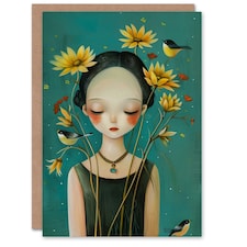 Young Snow White Girl Birds Floral Portrait Her Birthday Card