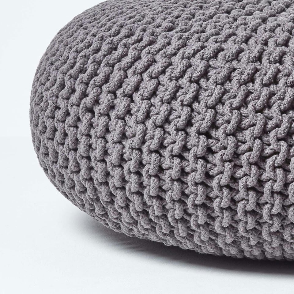 image 1 of Homescapes Dark Grey Large Round Cotton Knitted Pouffe Footstool | Grey | 70 x 23 cm