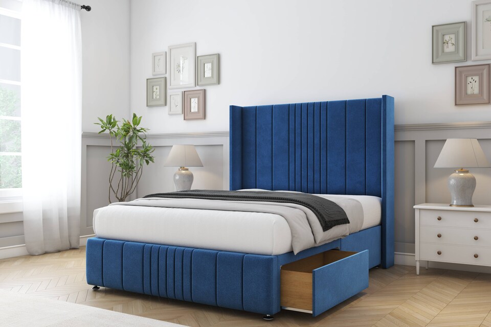 image 1 of Sloomy Hargrave Navy Plush Divan Bed With Mattress 2 Drawers Footend With 54" Wingback Headboard & 12" Matching Footboard 4'6 Double | Blue | Navy | Double | 1