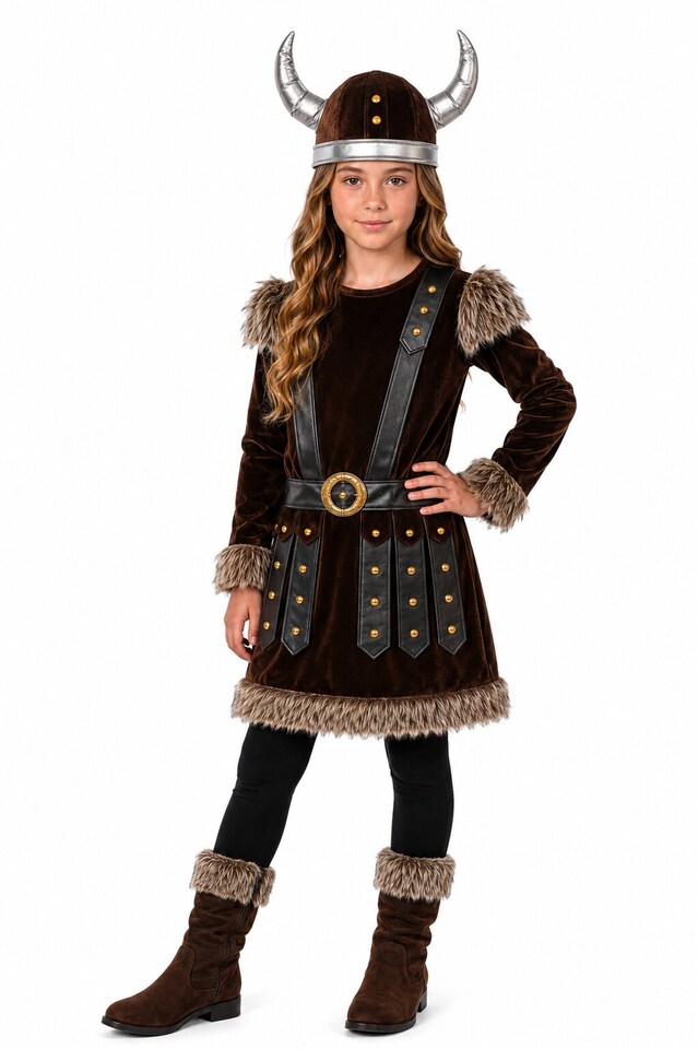 image 1 of Girls Viking Costume Kids Warrior Halloween Fancy Dress Book Day Childs Outfit (XL 12-14 Years)