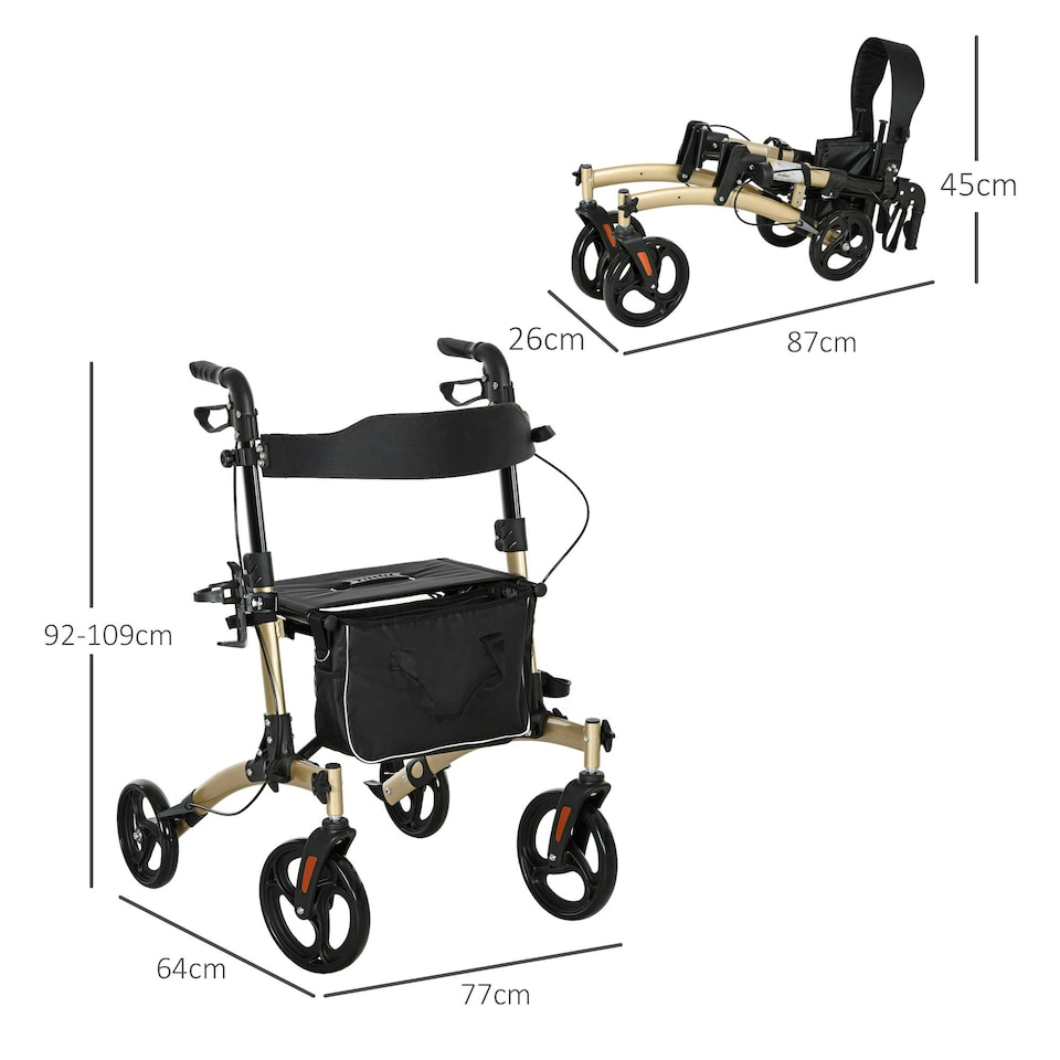 image 1 of HOMCOM Folding Rollator, 4 Wheeled Aluminum Mobility Walker with Seat and Bag