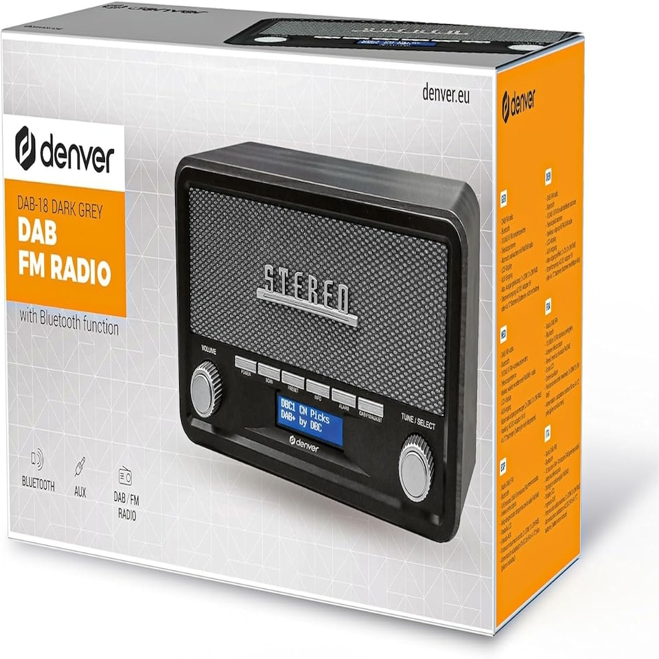 image 1 of Vintage Style Stereo DAB/DAB+ & FM Radio – Grey Wood Cabinet, Bluetooth, Clock Radio Alarm, AUX IN for Smart Phone/Tablet / MP3 Player – Mains or Battery