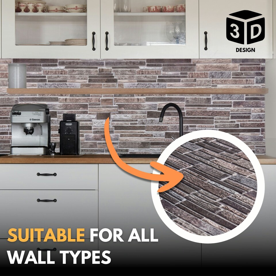 image 1 of NOVECRAFTO 3D Slim Stone Wall Panels – 6 PVC Sheets, Covers 2.76 sqm (29.76 sq ft), 96x48cm Each – Grey Slim Brick Effect Cladding, Moisture Resistant