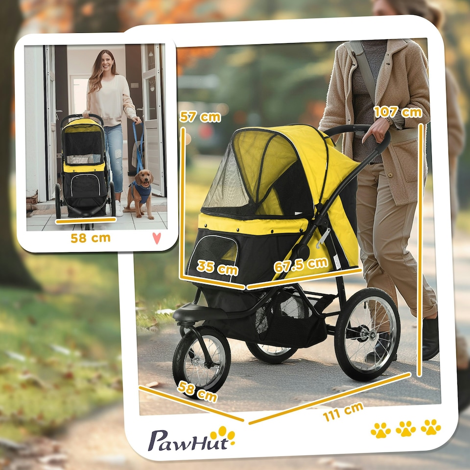 image 1 of PawHut 3 Wheel Pet Stroller, for Medium Small Dogs, Foldable Cat Pram - Yellow