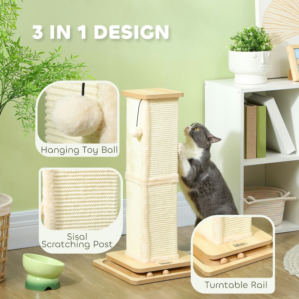 image 1 of PawHut 3-in-1 Cat Scratcher Post with Sisal Track Ball Toy, 67cm, Light Oak