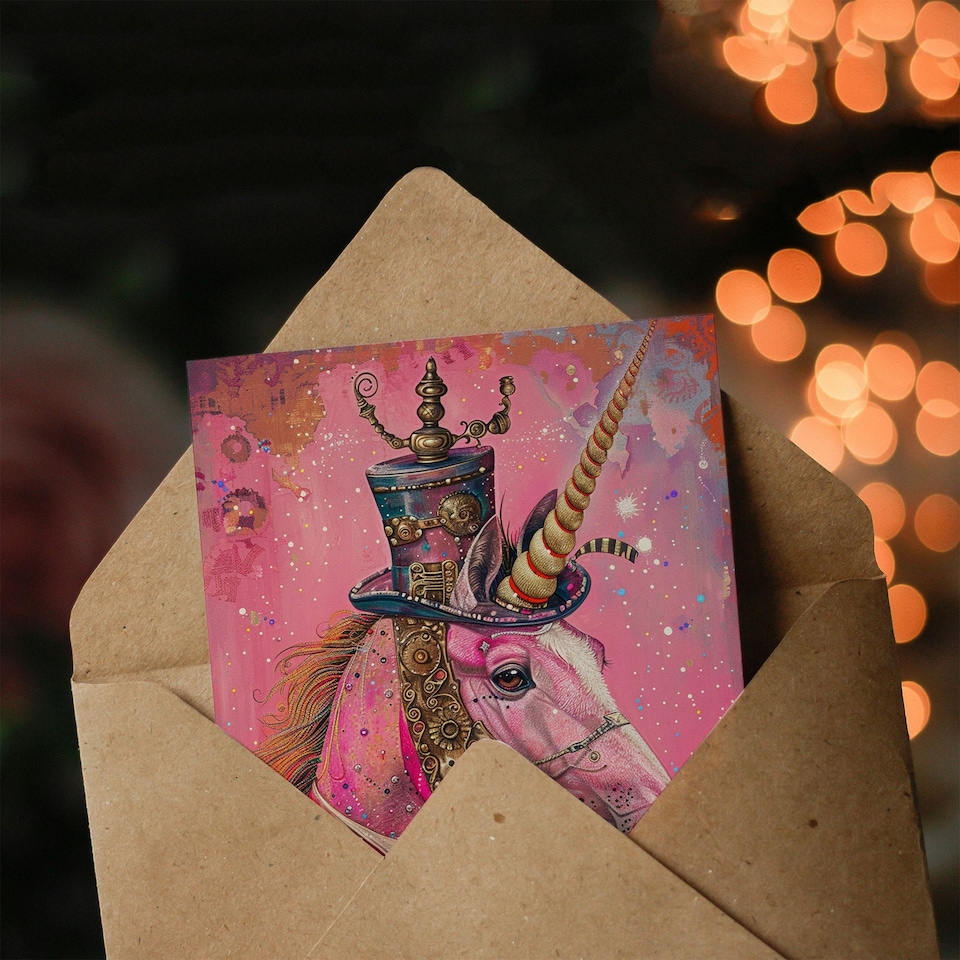 image 1 of Stylish Pink Steampunk Unicorn Top Hat Suit Daughter Son Birthday Card