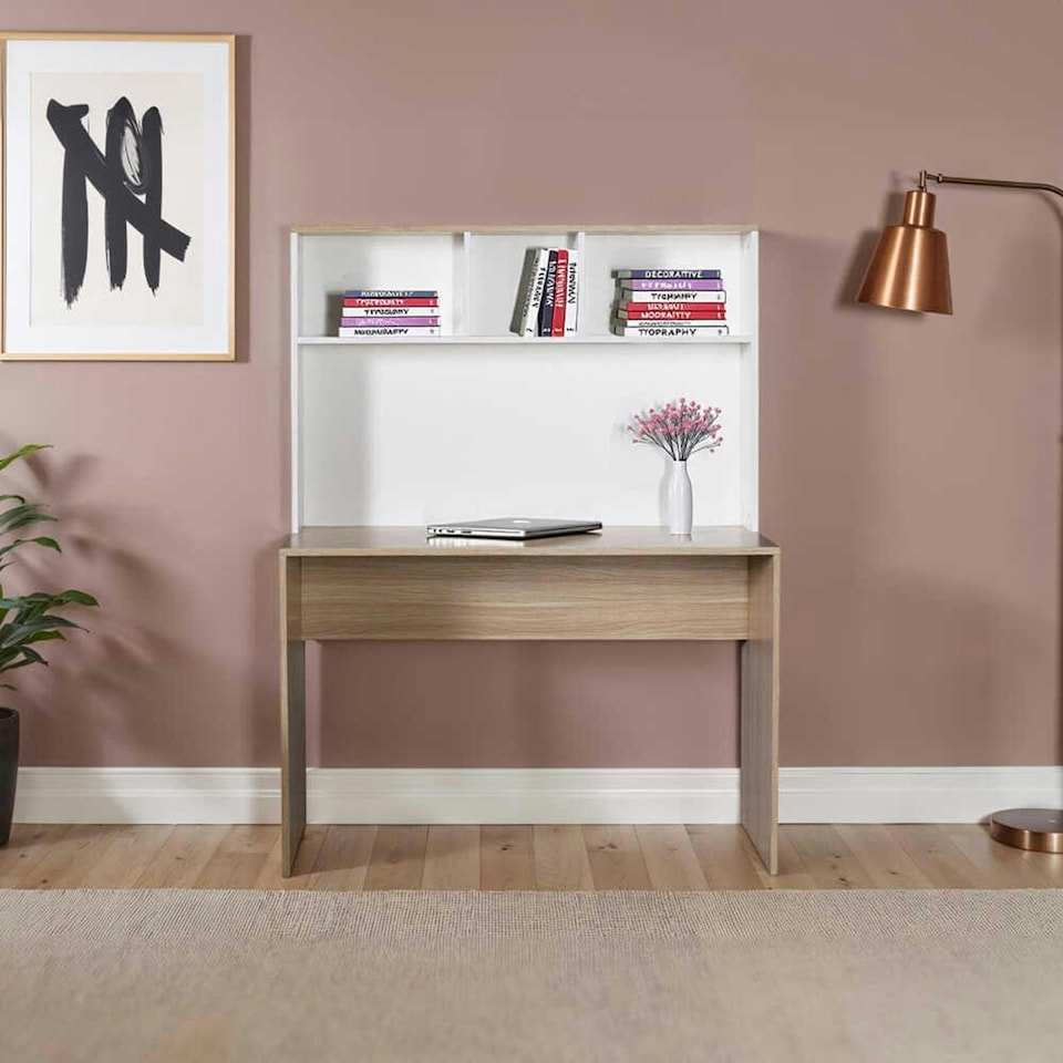 image 1 of Adore Teen White & Oak Study Desk with Storage Hutch White