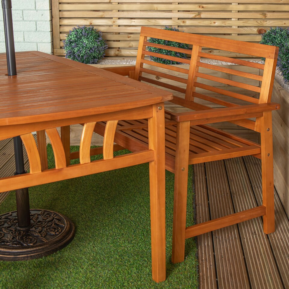 image 1 of Outdoor 4 Person Rectangular Wooden Garden Table, 2 Benches with Beige Havana Parasol & Base