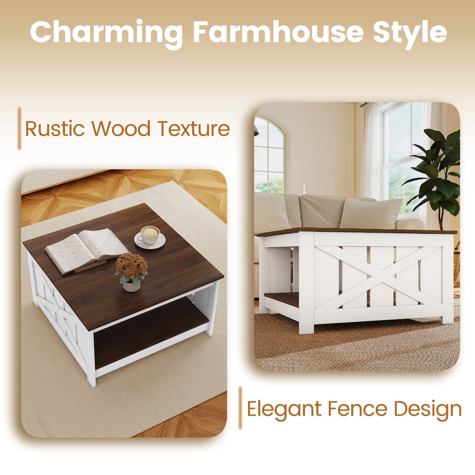image 1 of COSTWAY Farmhouse Coffee Table Square Coffee Table White