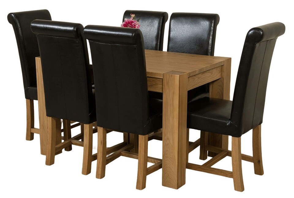 image 1 of Kuba 125x80cm Chunky Oak Small Dining Table and 6 Washington Leather Chairs | Black | Black