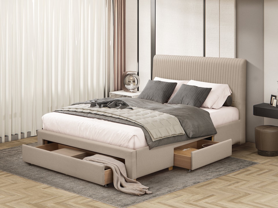 image 1 of 5ft King Size Linen Colour Finish Fabric Upholstered 3 Drawer Storage Bed Frame | Cream | Linen | King