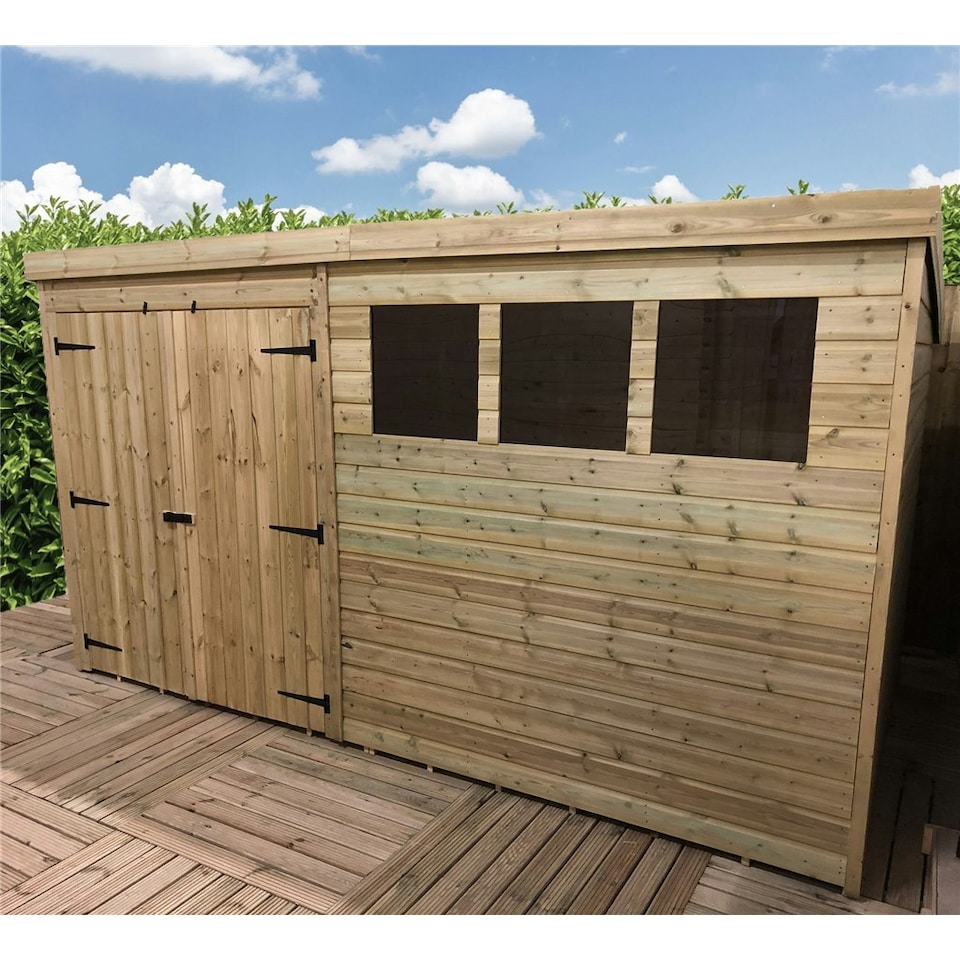 image 1 of 12 x 5 Garden Shed Pressure Treated T&G PENT Wooden Garden Shed - 3 Windows + Double Doors (12' x 5' / 12ft x 5ft) (12x5)