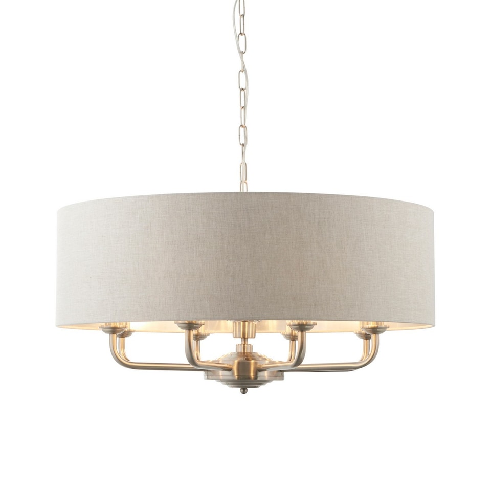 image 1 of Highclere Single Shade Pendant Ceiling Lamp, Brushed Chrome Plate, Natural Linen