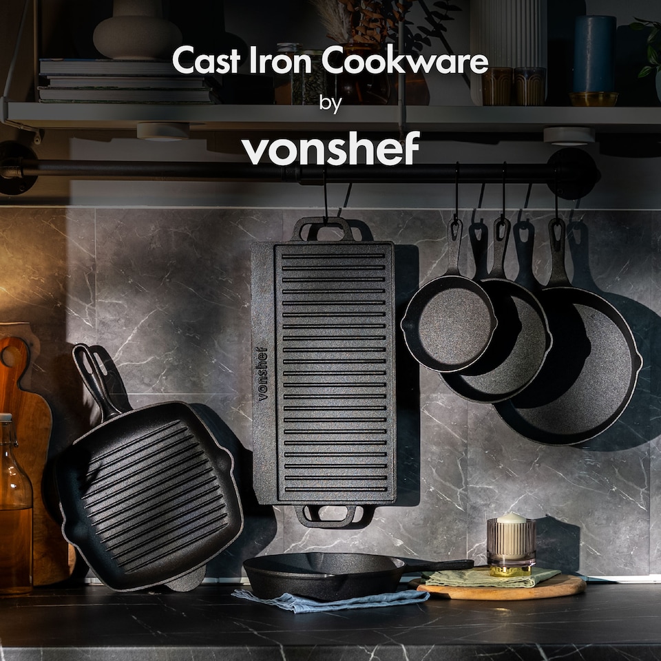 image 1 of VonShef Cast Iron Griddle Pan 10" Pre-Seasoned Non-Stick