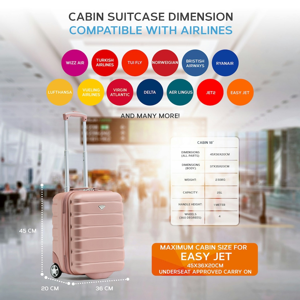 image 1 of Flight Knight 55x40x20 Ryanair Priority Cabin Suitcase, Also for EasyJet, Jet2, Lightweight,ABS Hard Shell, Durable 4-Wheel Cabin Case Pink | Rose | Cabin Bag