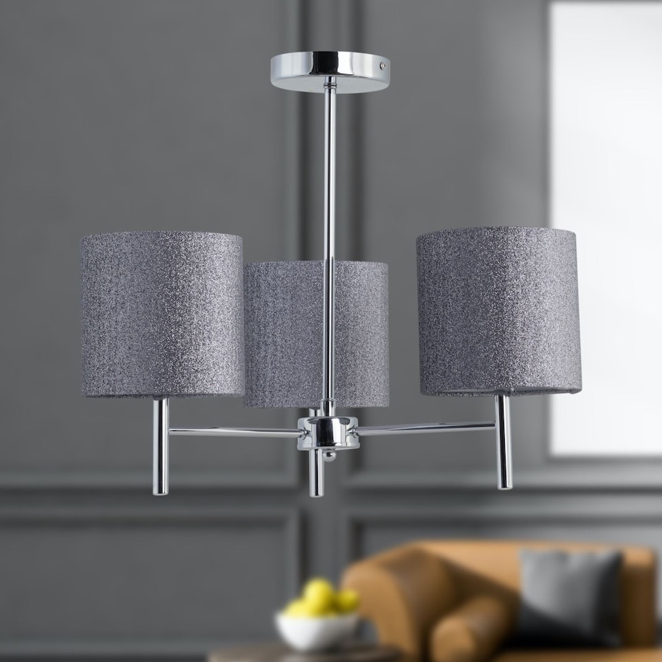 image 1 of Brea - Chrome 3 Light Fitting with Silvery Grey Glitter Shades | Chrome | Grey | 1