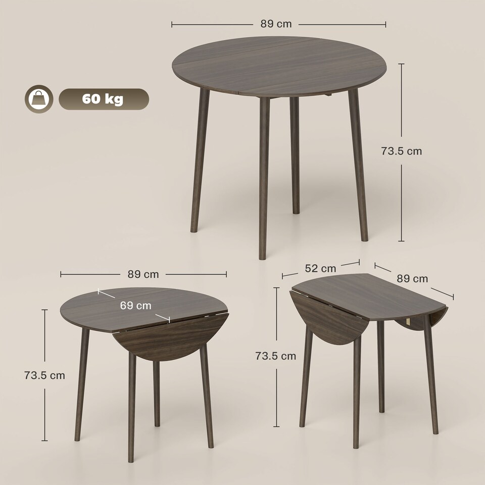image 1 of HOMCOM Folding Dining Table for 4, Round Drop Leaf Table, Modern Space Saving Small Kitchen Table with Wood Legs for Dining Room, Grey